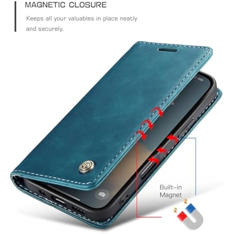 CaseMe Wallet Case for iPhone 16 Pro Max, Handmade Retro Durable Leather Magnetic Closure Flip Anti-Fall Shockproof Case with Kickstand and Card Slots for iPhone 16 Pro Max (Blue) - Image 4