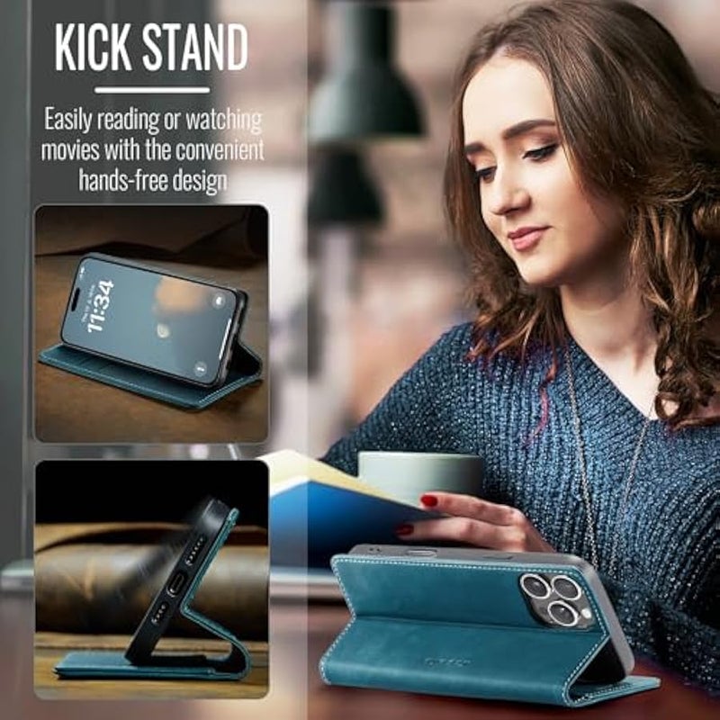 CaseMe Wallet Case for iPhone 16 Pro Max, Handmade Retro Durable Leather Magnetic Closure Flip Anti-Fall Shockproof Case with Kickstand and Card Slots for iPhone 16 Pro Max (Blue) - Image 5
