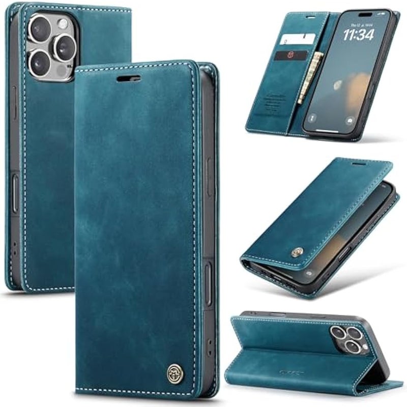 CaseMe Wallet Case for iPhone 16 Pro Max, Handmade Retro Durable Leather Magnetic Closure Flip Anti-Fall Shockproof Case with Kickstand and Card Slots for iPhone 16 Pro Max (Blue) - Image 1