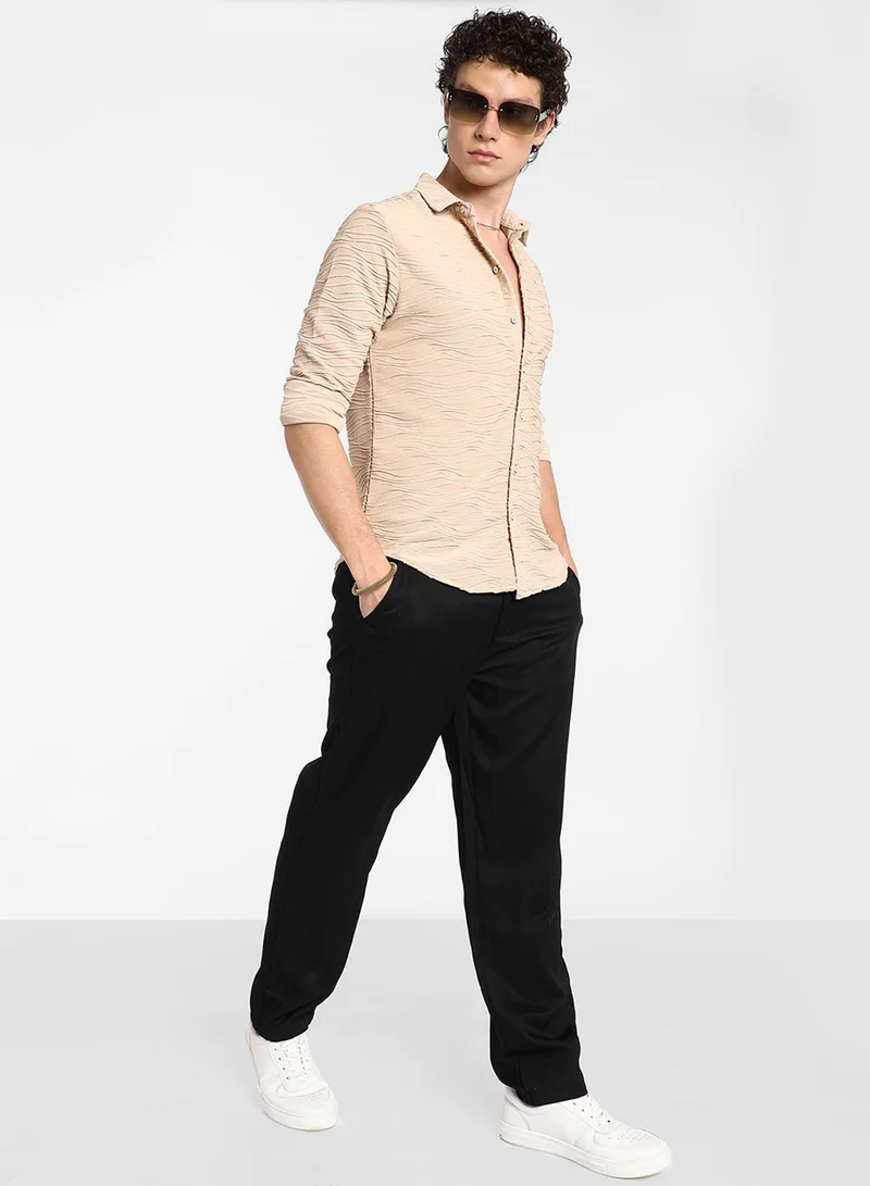 Campus Sutra Men's Saltbox Beige Self-Design Wave Shirt
