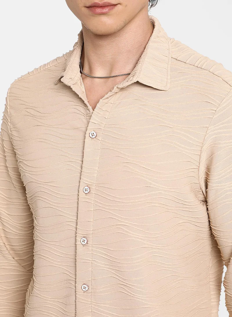 Campus Sutra Men's Saltbox Beige Self-Design Wave Shirt