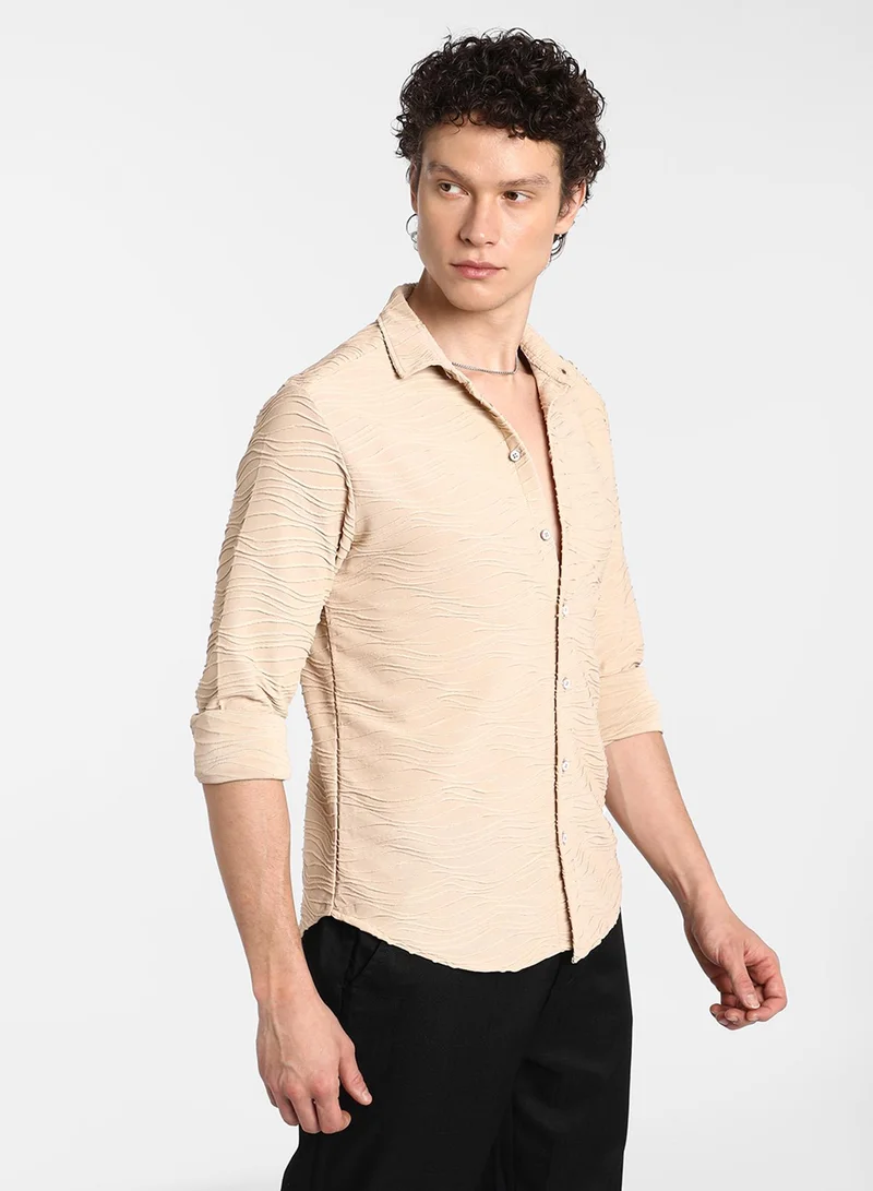 Campus Sutra Men's Saltbox Beige Self-Design Wave Shirt