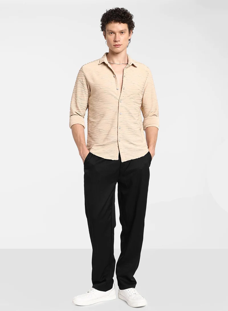Campus Sutra Men's Saltbox Beige Self-Design Wave Shirt