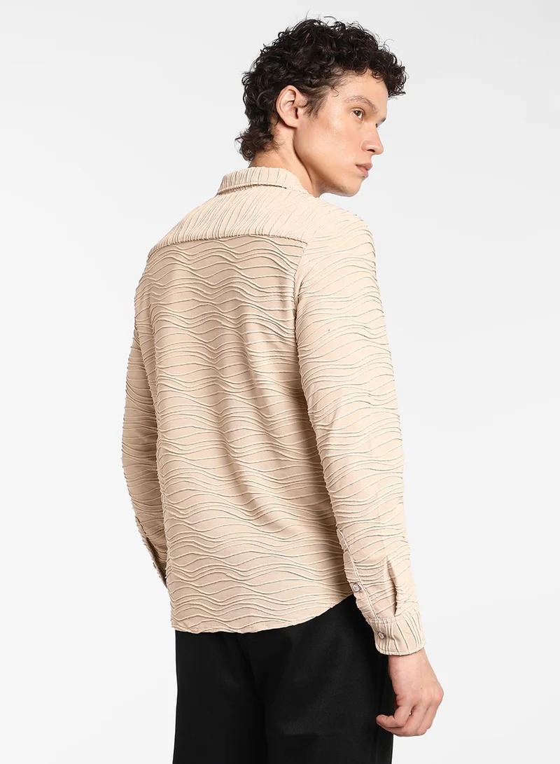 Campus Sutra Men's Saltbox Beige Self-Design Wave Shirt