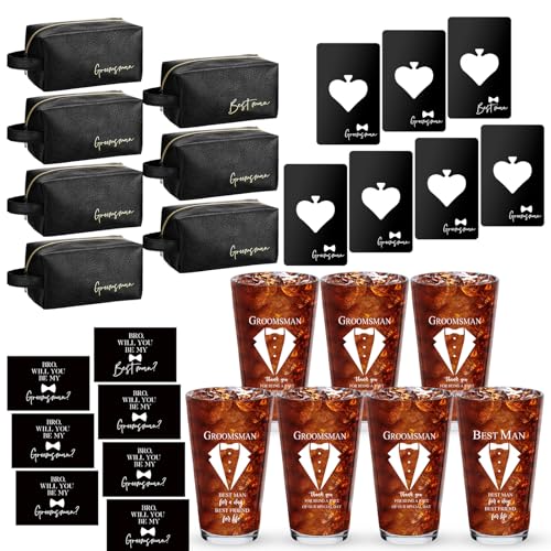 Amylove 7 Sets Groomsmen Gifts Set Wedding Proposal Gift 16 oz Beer Glass Cup Toiletry Bag and Bottle Opener Cap for Best Man PU Leather Cosmetic Bags with Zipper Greeting Card for WeddingBlack - Image 1