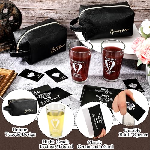 Amylove 7 Sets Groomsmen Gifts Set Wedding Proposal Gift 16 oz Beer Glass Cup Toiletry Bag and Bottle Opener Cap for Best Man PU Leather Cosmetic Bags with Zipper Greeting Card for WeddingBlack - Image 3