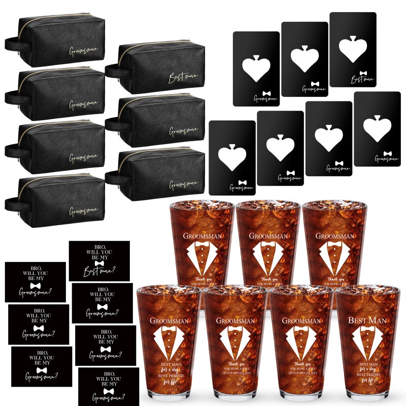 Amylove 7 Sets Groomsmen Gifts Set Wedding Proposal Gift 16 oz Beer Glass Cup Toiletry Bag and Bottle Opener Cap for Best Man PU Leather Cosmetic Bags with Zipper Greeting Card for WeddingBlack - Image 2