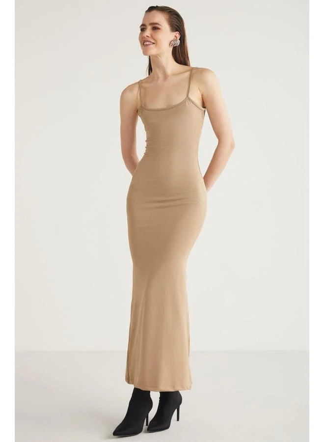 Ethiquet Chasıty Women's Semi-Gloss Fabric Rope-Shoulder Elastic Body-Hugging Maxi Beige Dress.