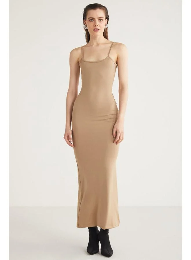 Ethiquet Chasıty Women's Semi-Gloss Fabric Rope-Shoulder Elastic Body-Hugging Maxi Beige Dress.