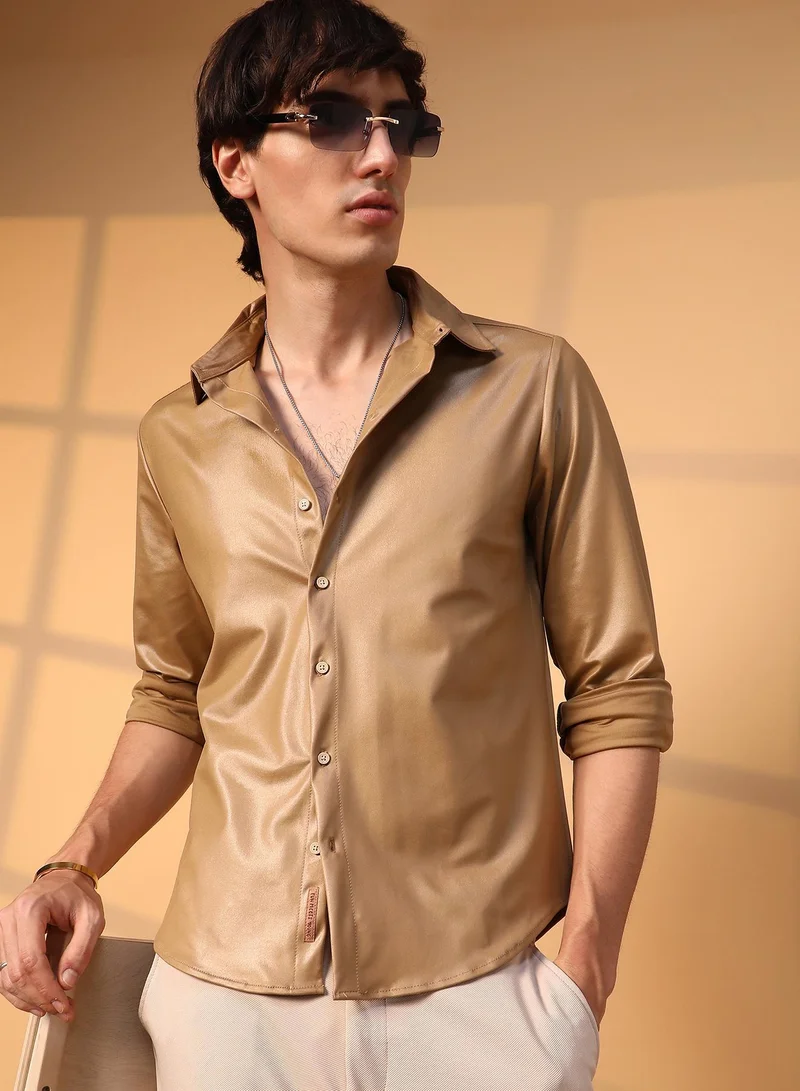 Campus Sutra Men's Camel Brown Solid Suede Shirt For Casual Wear | Spread Collar | Long Sleeve | Button Closure | Shirt Crafted With Comfort Fit For Everyday Wear