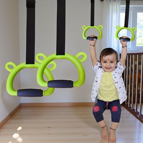 TechHark® Kids Gymnastic Rings with 11.5 Ft Adjustable Straps, Lime Green Bear Design, Up to 200Kg Capacity, Silicone Grip, Home Fitness Equipment for Children and Teens Training - Image 1