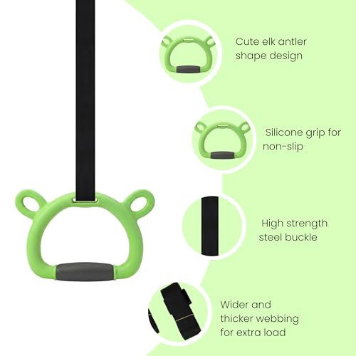 TechHark® Kids Gymnastic Rings with 11.5 Ft Adjustable Straps, Lime Green Bear Design, Up to 200Kg Capacity, Silicone Grip, Home Fitness Equipment for Children and Teens Training - Image 2