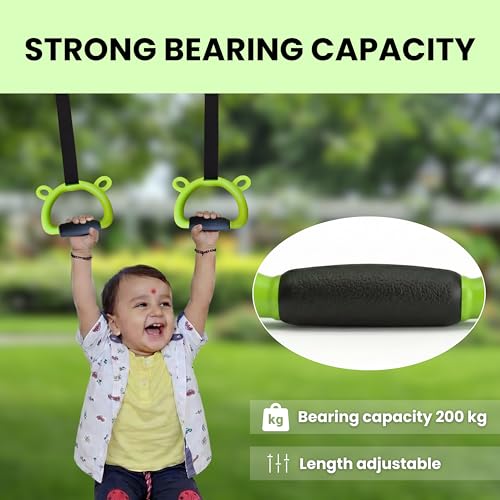 TechHark® Kids Gymnastic Rings with 11.5 Ft Adjustable Straps, Lime Green Bear Design, Up to 200Kg Capacity, Silicone Grip, Home Fitness Equipment for Children and Teens Training - Image 4