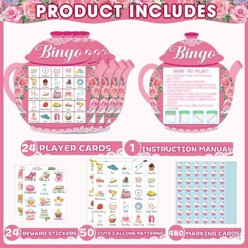 Lonfliness 39Pcs Tea Party Bingo Game for Adults 24 Players Floral Teapot Shape Bingo Cards with Reward Stickers for Family Friend Student Large Group Activities Garden Bridal Wedding Holiday Party Favors - Image 5
