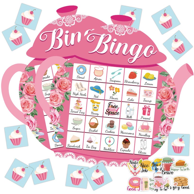 Lonfliness 39Pcs Tea Party Bingo Game for Adults 24 Players Floral Teapot Shape Bingo Cards with Reward Stickers for Family Friend Student Large Group Activities Garden Bridal Wedding Holiday Party Favors - Image 3