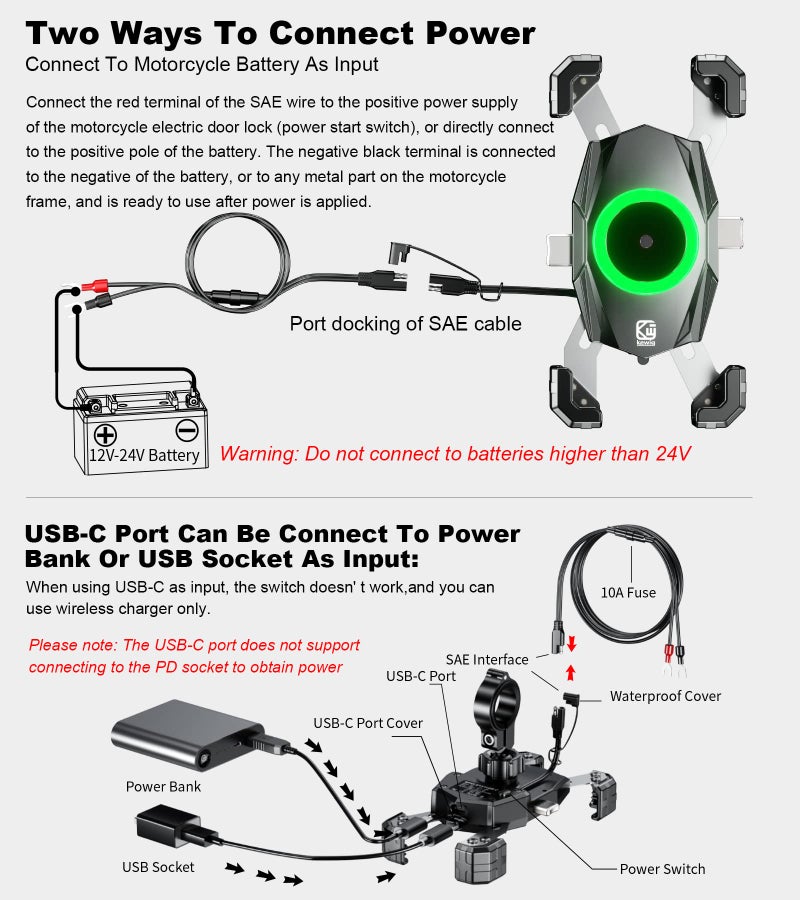 Kewig Motorcycle Phone Mount with Qi 15W Wireless Charger & USB C 20W Fast Charging Port, One-Push Automatically Lock & Quick Release Handlebar Phone Holder for 4.0-6.9" Phone - Image 2