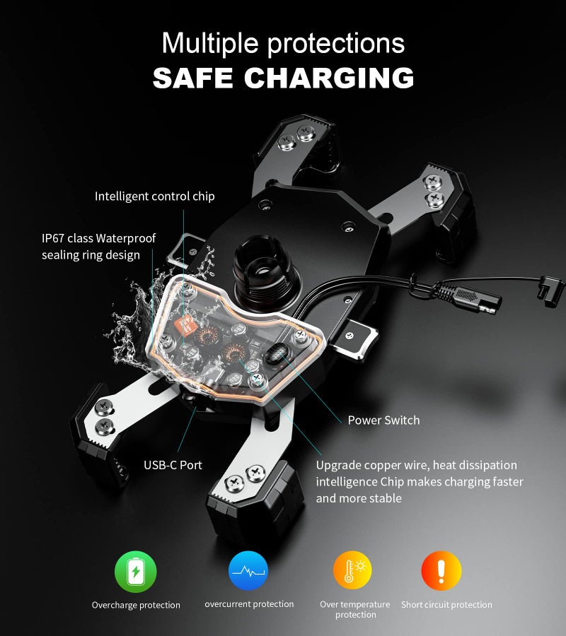 Kewig Motorcycle Phone Mount with Qi 15W Wireless Charger & USB C 20W Fast Charging Port, One-Push Automatically Lock & Quick Release Handlebar Phone Holder for 4.0-6.9" Phone - Image 3
