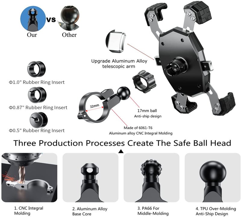 Kewig Motorcycle Phone Mount with Qi 15W Wireless Charger & USB C 20W Fast Charging Port, One-Push Automatically Lock & Quick Release Handlebar Phone Holder for 4.0-6.9" Phone - Image 5