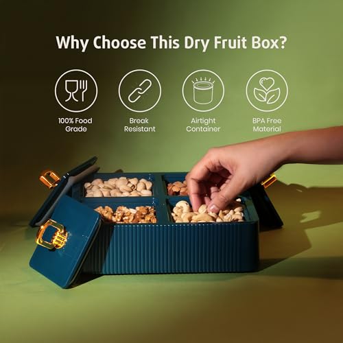 Selvel Global Square Dryfruit Box with 4 Compartments | Airtight Multi-Purpose Storage Box with Tray & Lid | Ideal for Diwali Gifting | 500ml Each | BPA-Free (Emerald Green) - Image 4