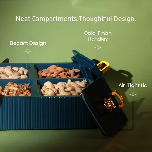 Selvel Global Square Dryfruit Box with 4 Compartments | Airtight Multi-Purpose Storage Box with Tray & Lid | Ideal for Diwali Gifting | 500ml Each | BPA-Free (Emerald Green) - Image 2