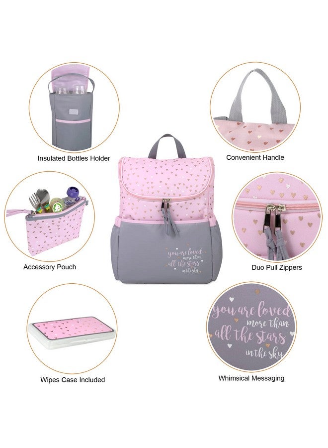 Baby Essentials Baby Essentials Diaper Bag Backpack 5 Piece Set with Sun, Moon, and Stars, Wipes Pocket, Stroller Straps, Dirty Diaper Pouch, Changing Pad (Grey/Pink Backpack) - Image 1