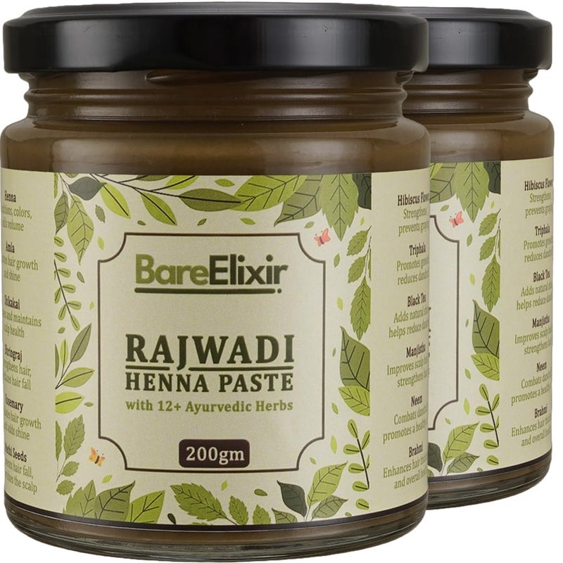 Bare Elixir Henna Paste  PreSoaked in Black Tea  12 Ayurvedic Herbs  100 Natural Rajasthani Sojat Henna for Hair  ReadytoUse ChemicalFree Henna for Men  Women  Rich Brown Hair Color  Pure Herbal Mehndi for Nourished  Naturally Colored Hair 200gm x 2 - Image 1