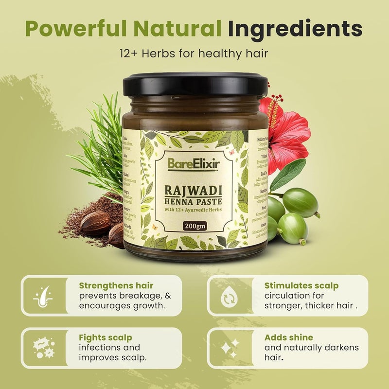 Bare Elixir Henna Paste  PreSoaked in Black Tea  12 Ayurvedic Herbs  100 Natural Rajasthani Sojat Henna for Hair  ReadytoUse ChemicalFree Henna for Men  Women  Rich Brown Hair Color  Pure Herbal Mehndi for Nourished  Naturally Colored Hair 200gm x 2 - Image 3