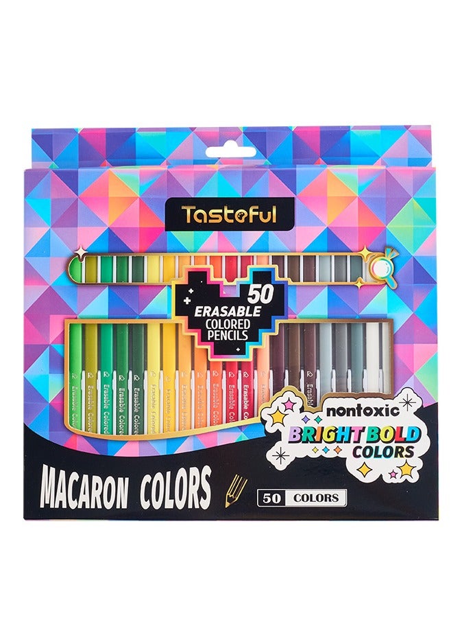 Tasteful Erasable Colored Pencils Set - Non-Toxic Macaron Bright Colors with Built-in Eraser, 3.0mm Core Art Supplies for Kids, Students & Designers - 50 Pieces - Image 1