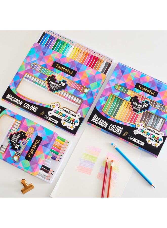 Tasteful Erasable Colored Pencils Set - Non-Toxic Macaron Bright Colors with Built-in Eraser, 3.0mm Core Art Supplies for Kids, Students & Designers - 50 Pieces - Image 5