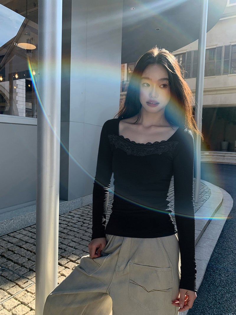 Creamsu Shubai, black square collar long-sleeved T-shirt for women's spring and autumn season slim-fit and slimming temperament inner top - Image 2