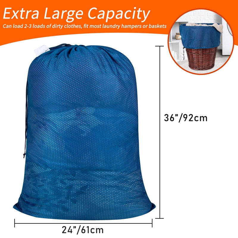 Polecasa Extra Heavy Duty Large Diamond Mesh Laundry Bags with Drawstring Closure & ID Tag, 24 x 36 inches Washable Storage Bag for College, Travel, Sports, Dorms, Blue - Image 3
