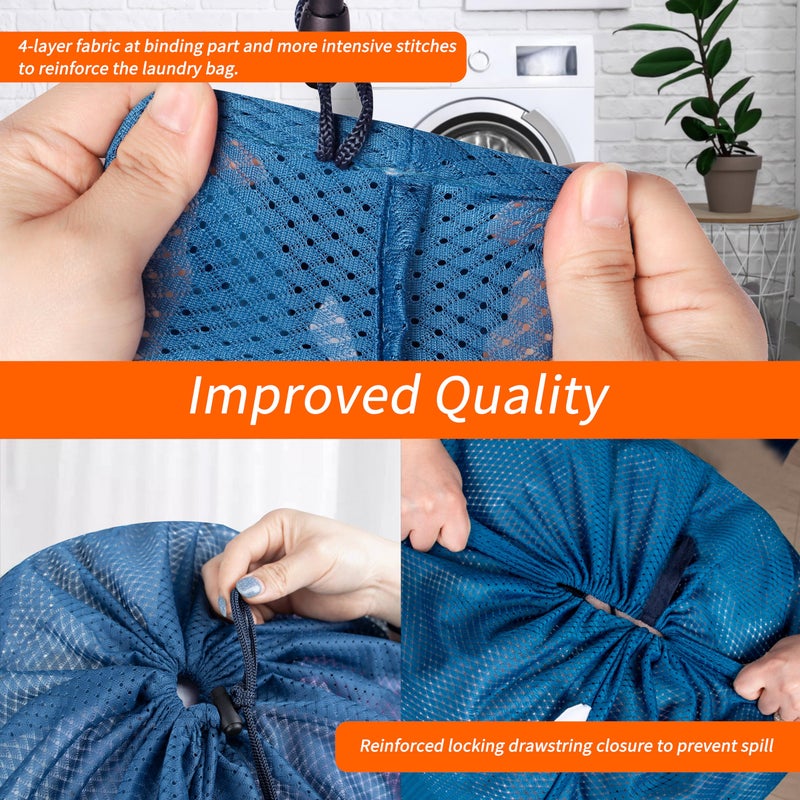 Polecasa Extra Heavy Duty Large Diamond Mesh Laundry Bags with Drawstring Closure & ID Tag, 24 x 36 inches Washable Storage Bag for College, Travel, Sports, Dorms, Blue - Image 4