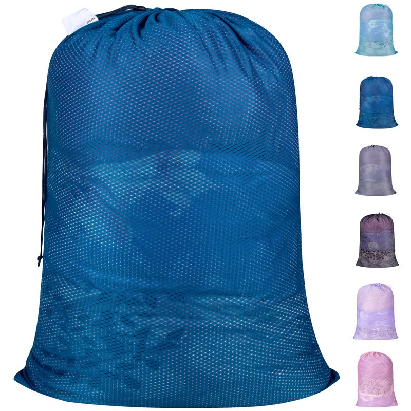 Polecasa Extra Heavy Duty Large Diamond Mesh Laundry Bags with Drawstring Closure & ID Tag, 24 x 36 inches Washable Storage Bag for College, Travel, Sports, Dorms, Blue - Image 1