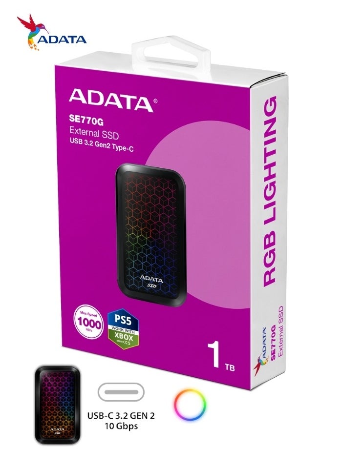 ADATA - SE770G RGB 1TB External SSD | Compatible with PS5 XBOX Portable Solid State Drive for Gaming USB3.2 Gen 2 Type-C - Image 1