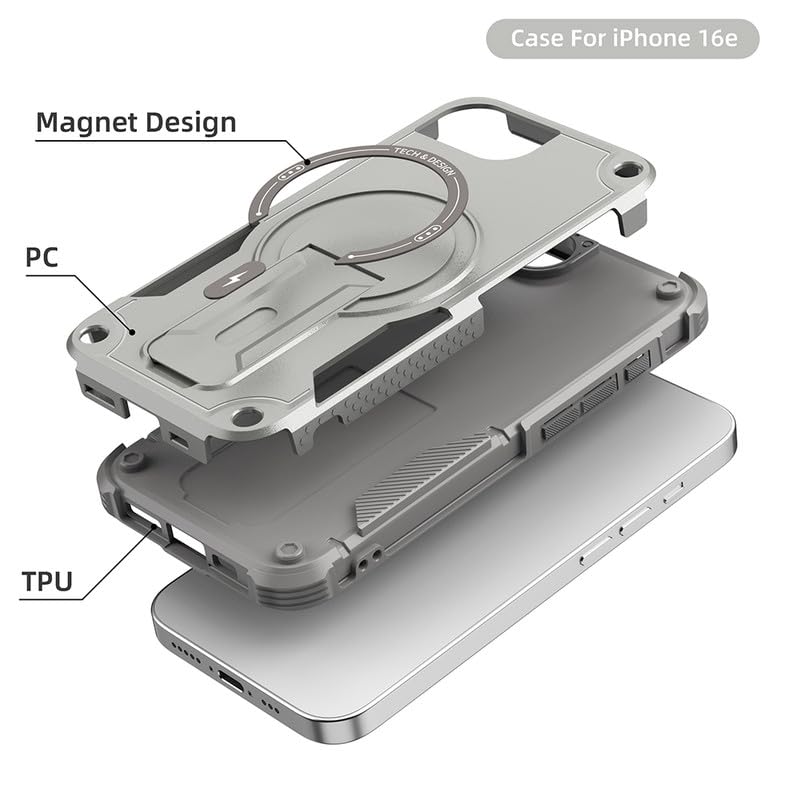 US LITE Back Cover for iPhone 16e with Portable Kickstand | Mag-Safe Compatible Magnetic Case | Shockproof Military Grade Protection | Extreme Protection Phone Cover – Grey - Image 4