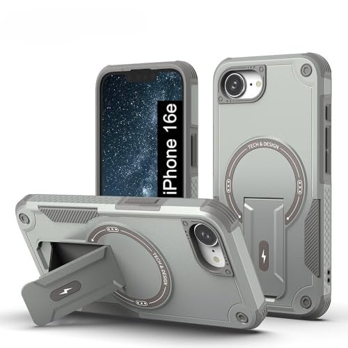 US LITE Back Cover for iPhone 16e with Portable Kickstand | Mag-Safe Compatible Magnetic Case | Shockproof Military Grade Protection | Extreme Protection Phone Cover – Grey - Image 1