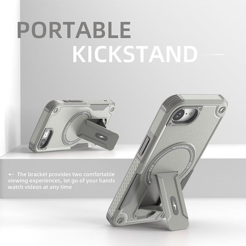 US LITE Back Cover for iPhone 16e with Portable Kickstand | Mag-Safe Compatible Magnetic Case | Shockproof Military Grade Protection | Extreme Protection Phone Cover – Grey - Image 5