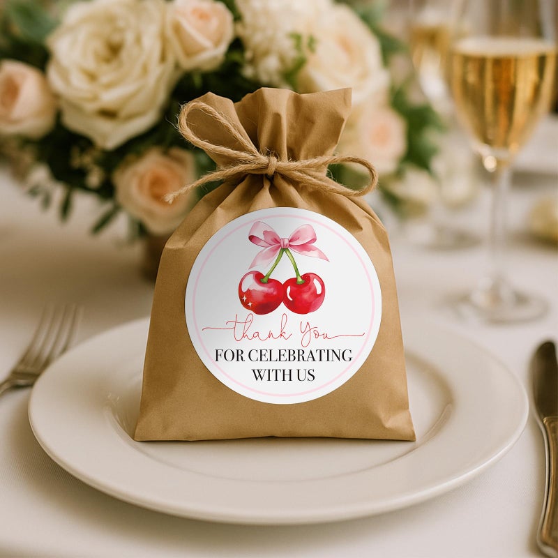 Eersida 500 Pcs 2 Inch Thank You Cherry Bow Stickers Sweet Cherry Birthday Party Favors Labels Thank You for Celebrating with Us Decoration Stickers for Birthday Bridal Shower Anniversary - Image 4