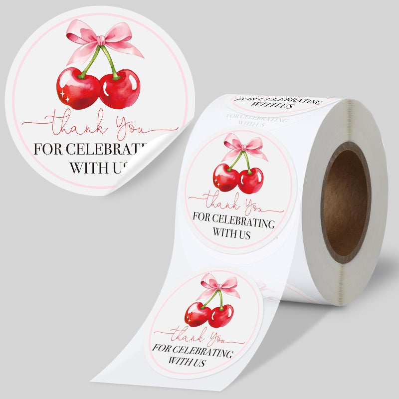 Eersida 500 Pcs 2 Inch Thank You Cherry Bow Stickers Sweet Cherry Birthday Party Favors Labels Thank You for Celebrating with Us Decoration Stickers for Birthday Bridal Shower Anniversary - Image 1