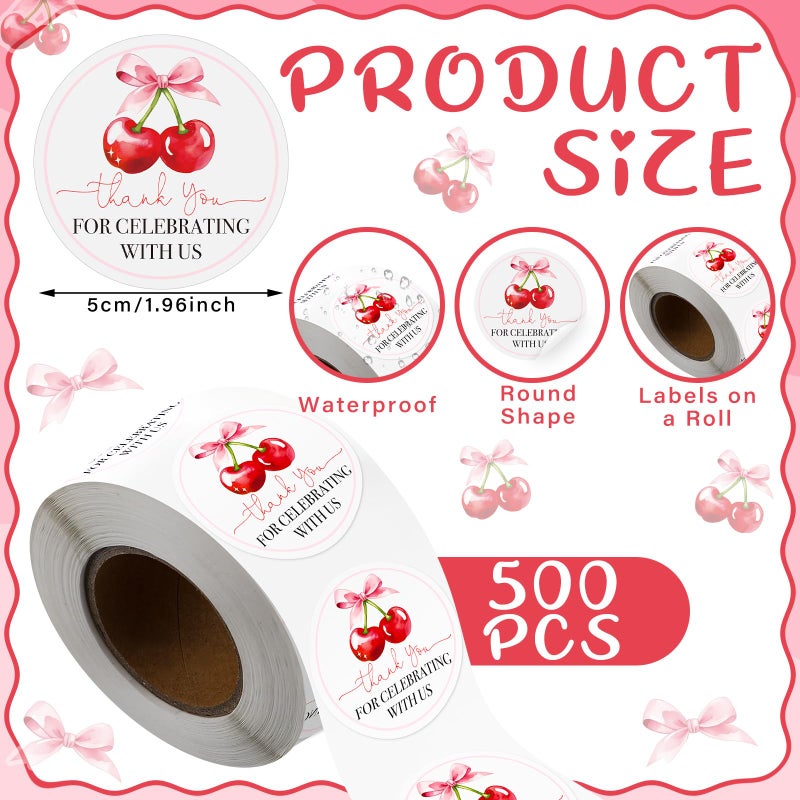 Eersida 500 Pcs 2 Inch Thank You Cherry Bow Stickers Sweet Cherry Birthday Party Favors Labels Thank You for Celebrating with Us Decoration Stickers for Birthday Bridal Shower Anniversary - Image 2
