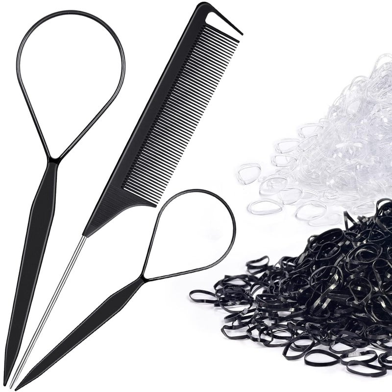 Topsy Tail Hair Tool Set by IKOCO  400pcs Hair Bands 2pcs Loop Styling Tools Rat Tail Comb 200pcs Each Clear and Black Elastics