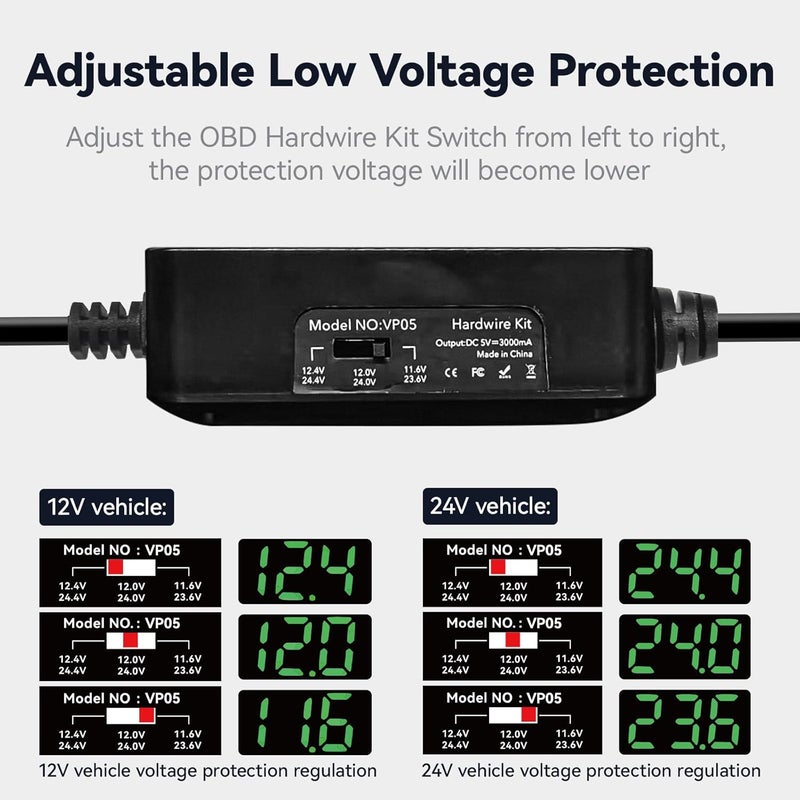 REDTIGER Dash Cam OBD Hardwire Kit with USB C Port, 12V-24V to 5V, Undervoltage Protection for 24H Parking Mode - Image 4