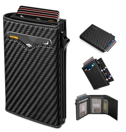 miyozi Wallet for Men,with Cash Pocket 2 ID Window 9-13 Cards,Metal Case Smart Slim Pop Up Credit Card Holder Flip with Magnetic Closure RFID Blocking Trifold wallet with Gift Box - Image 1