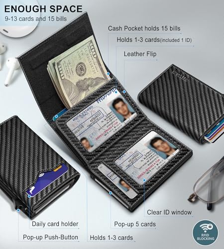 miyozi Wallet for Men,with Cash Pocket 2 ID Window 9-13 Cards,Metal Case Smart Slim Pop Up Credit Card Holder Flip with Magnetic Closure RFID Blocking Trifold wallet with Gift Box - Image 2
