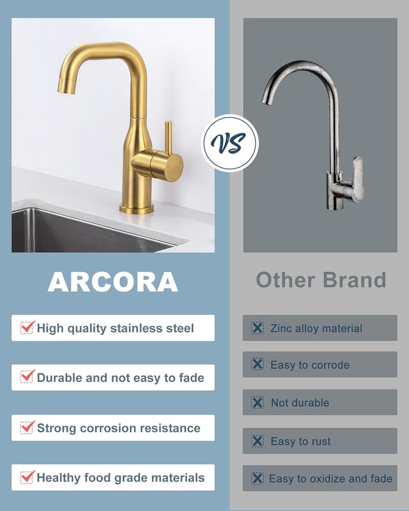 Arcora Bar Sink Faucet Single Hole: Brushed Gold Wet Bar Faucets - Prep Sink Faucet 360 Swivel - Small Kitchen Bathroom Faucet with cUPC Supply Lines - Image 5