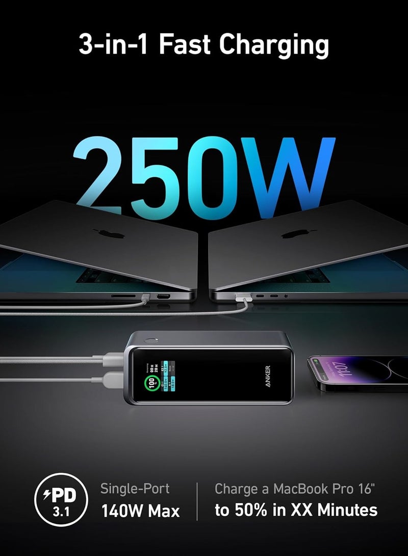 Anker Prime Power Bank 250W, 3-Port Portable Charger, Smart App, Compatible with iPhone 14 or 13 Series, Samsung, Dell, AirPods, and More Charging Base Not Included - Image 2