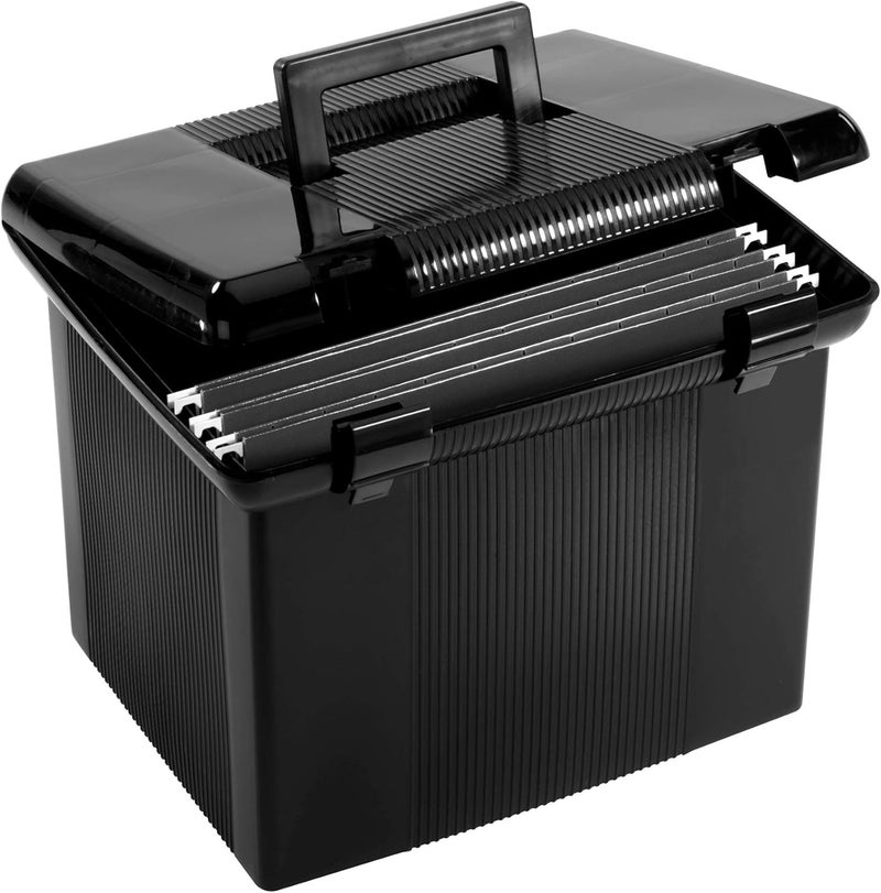 Pendaflex Portable File Box with File Rails, Simple Document Storage, File Bin for Home and Office, Hinged Lid with Double Latch Closure, Black, 3 Black Letter Size Hanging Folders Included (41742AMZ) - Image 1