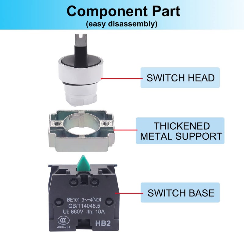 TWTADE / 2Pcs 22mm Selector Switch 2 NO 3 - Positions Maintained Latching Rotary Selector Switch 440V 10A XB2-20X/31-HB2-BD33 - Image 3