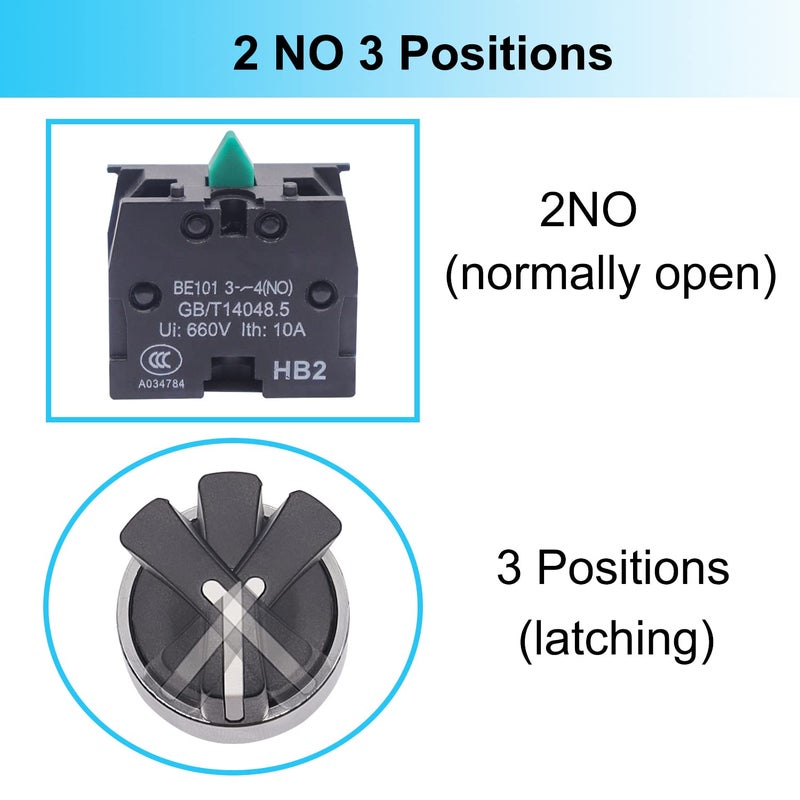 TWTADE / 2Pcs 22mm Selector Switch 2 NO 3 - Positions Maintained Latching Rotary Selector Switch 440V 10A XB2-20X/31-HB2-BD33 - Image 4