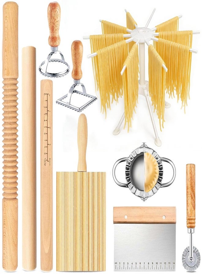 Eyskutvjc 10pcs Pasta Making Tools, Wood Pasta Making Kit with Pasta Drying Rack,Rolling Pins,Gnocchi Board,Dough Cutter,Ravioli Cutter,Pasta Stamps,Making Dumplings .Pasta Making Accessories for Home - Image 1